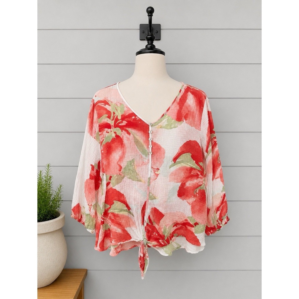 Chicos Gauze Cotton Lightweight Pink Floral Top Tie Front Casual Beach Size 3 XL